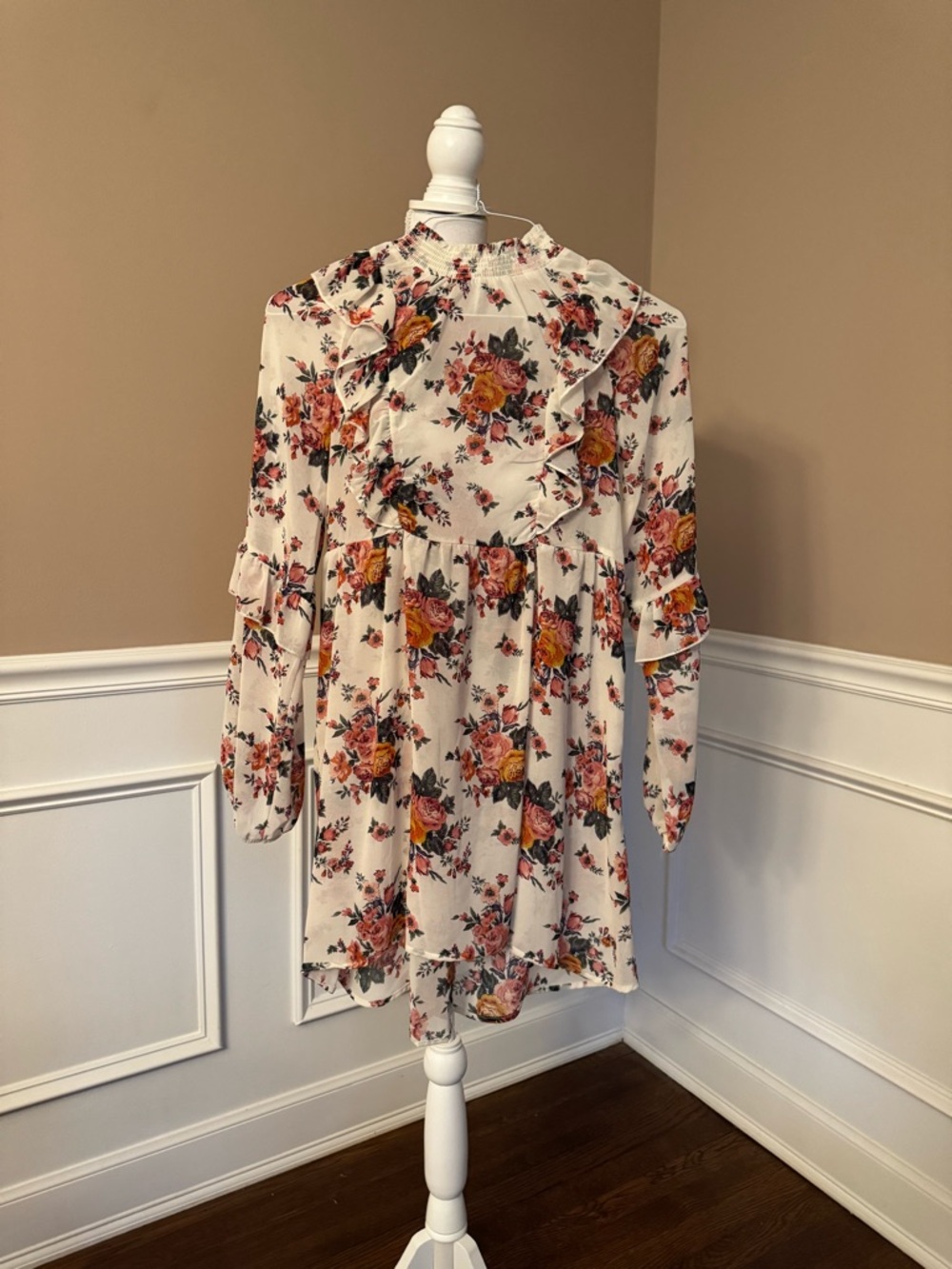 Floral Ruffle Long Sleeve Dress - Cream with Pink & Orange Roses